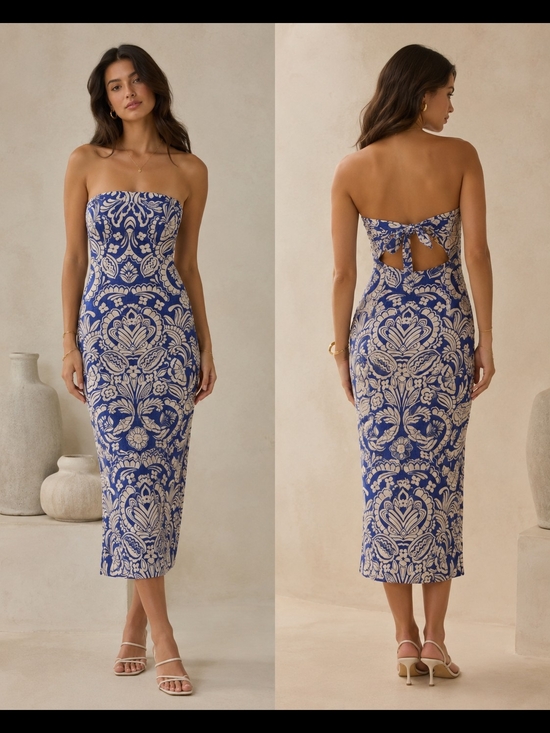 Lavender Brown Dresses & Skirts - Lavender Brown Blue and Cream Strapless Printed Midi Dress